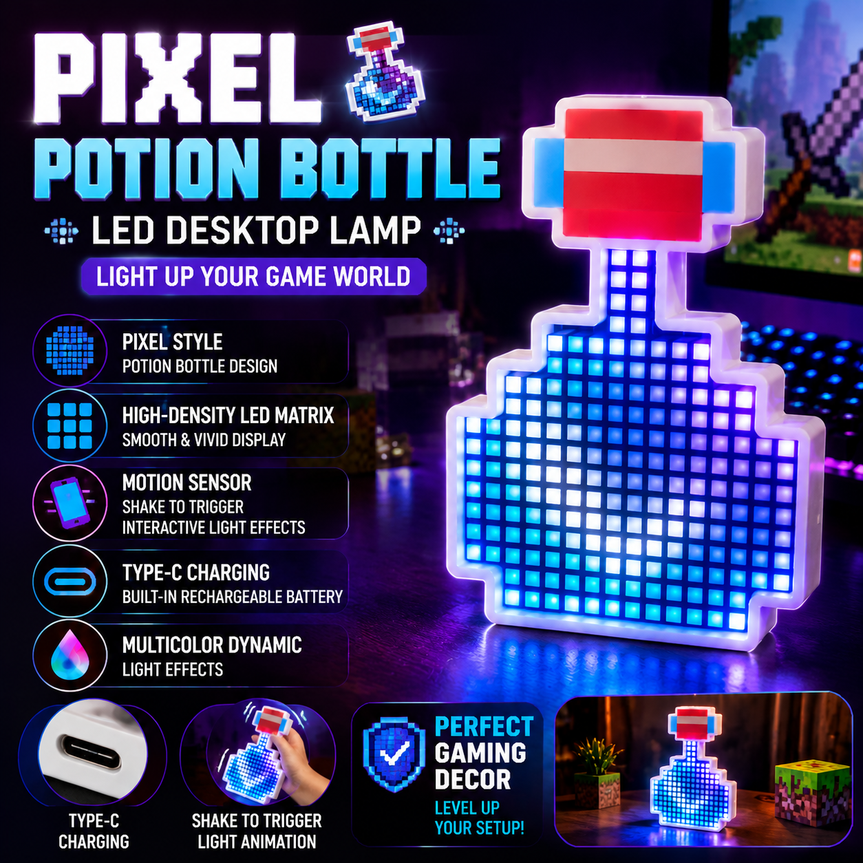 Led Desk Light Usb - Pixel Potion Bottle Light Shake Sensing