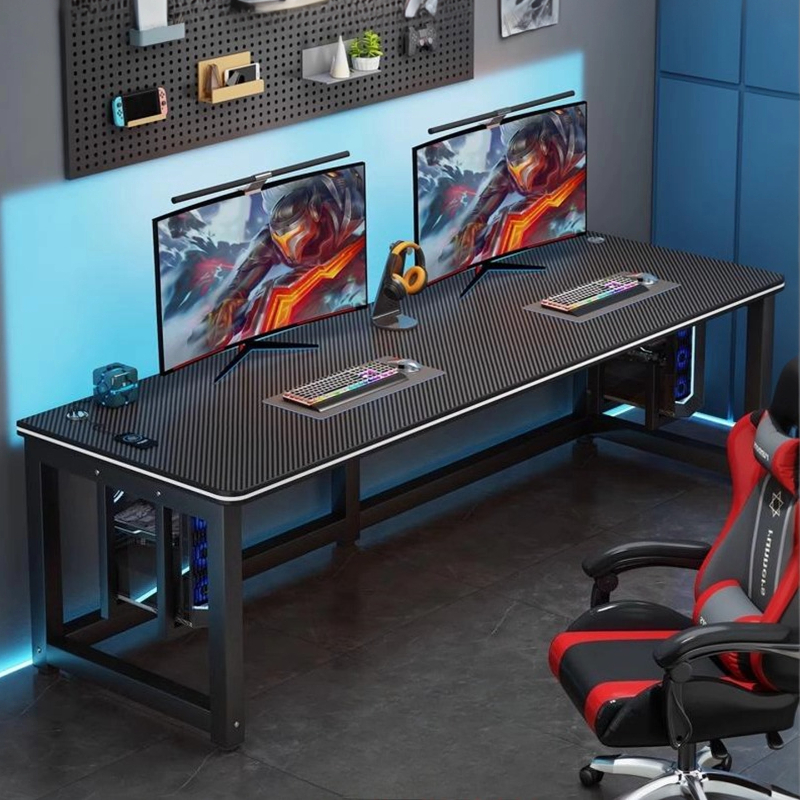 Desk Setup With 2 Monitors - T*-Double-Space Black Gaming Desk, Sturdy Long
