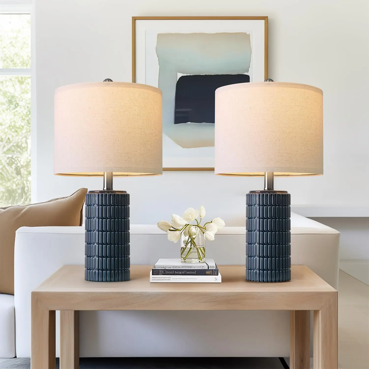 Set of 2 Blue Ceramic Table La - Desk Setup On Bed reseña y precio